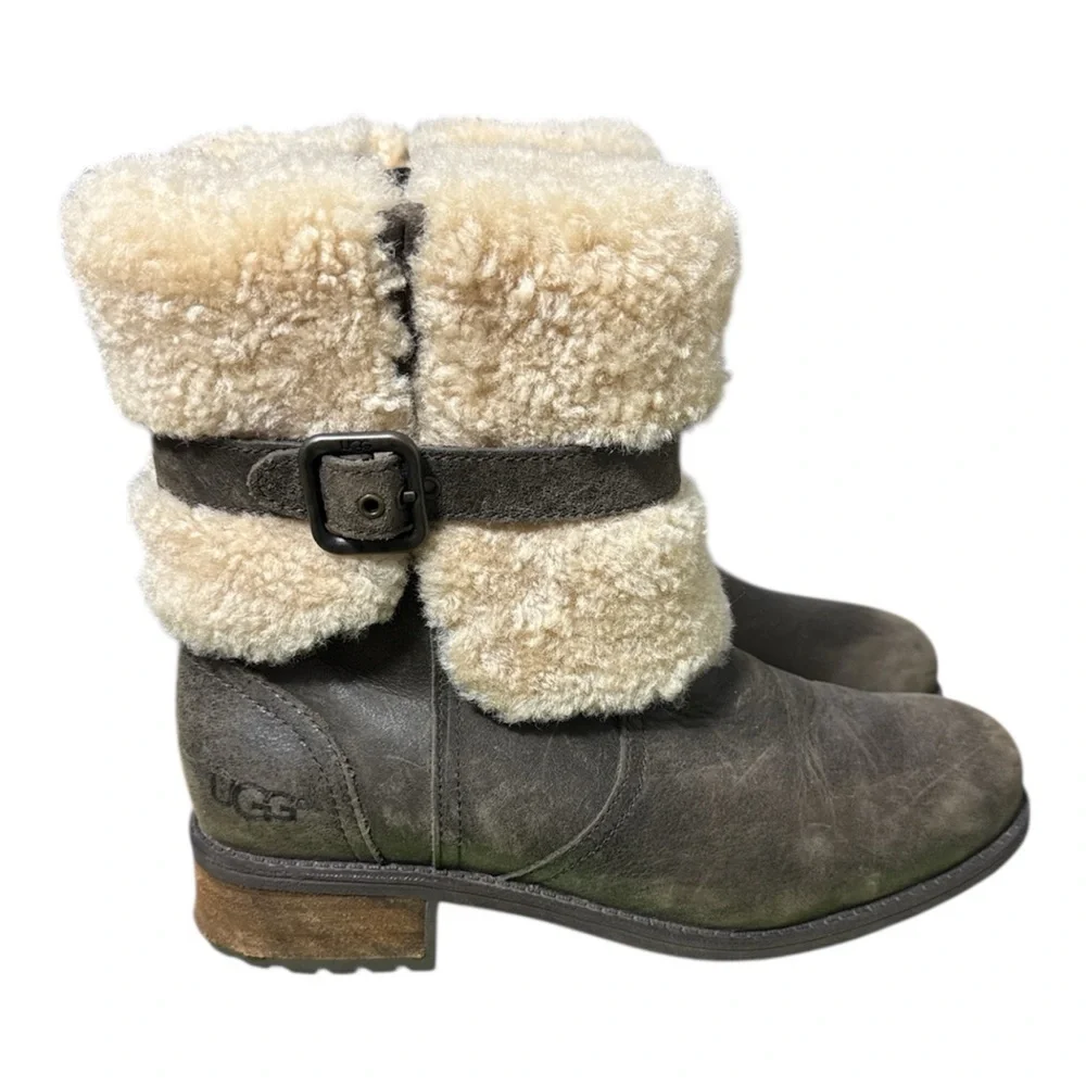 UGG Blayre Winter Ankle Boots Womens Size 7 Dark Olive Leather Sheepskin Cuff